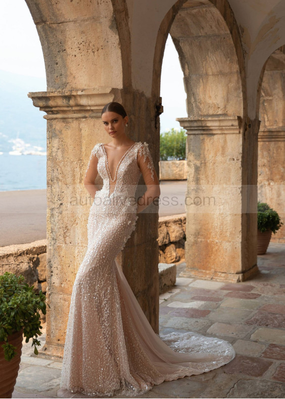 Long Sleeves Beaded Lace Tulle Luxury Wedding Dress